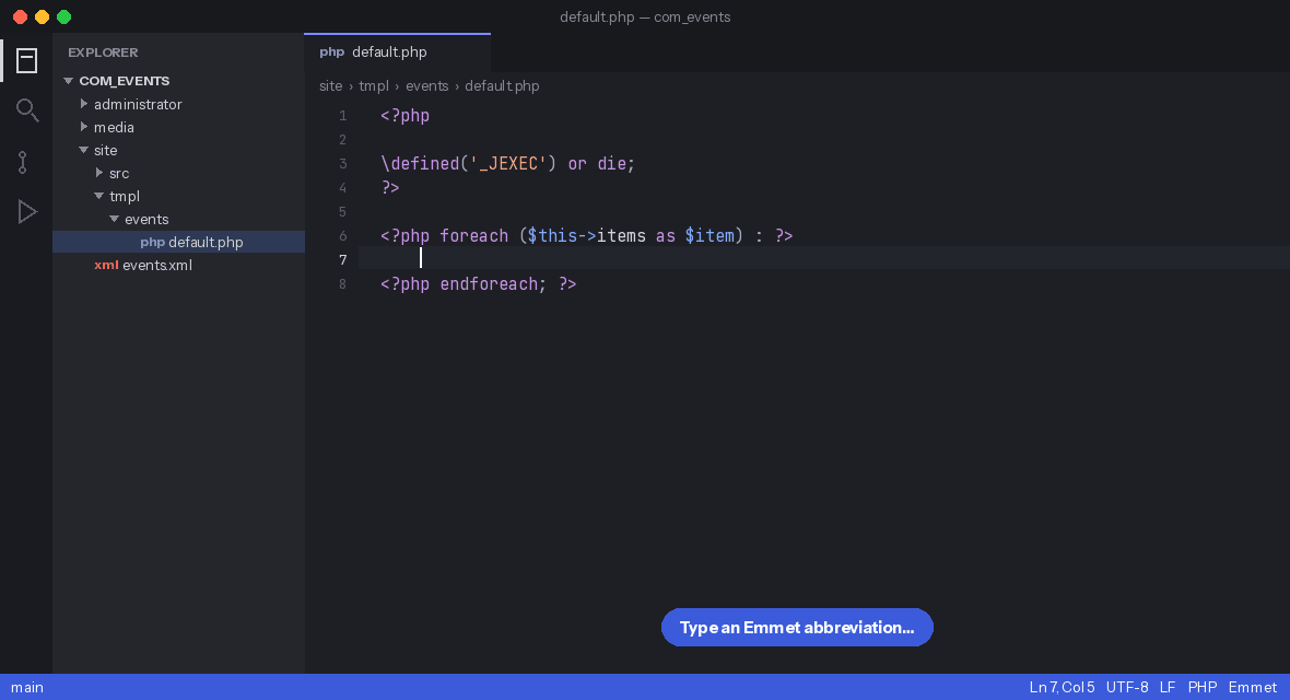 One Emmet abbreviation plus one user snippet: a complete, safely escaped Joomla card layout in seconds.