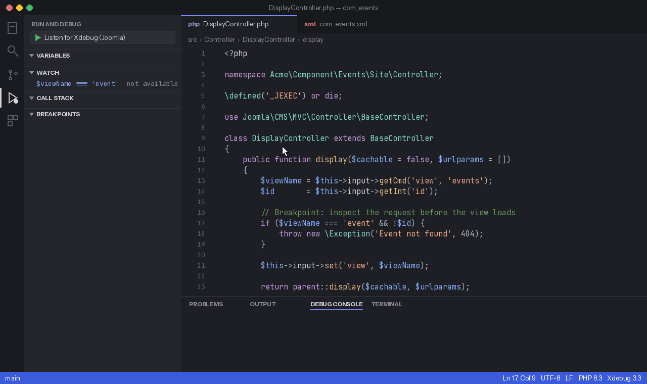 Xdebug paused inside a Joomla controller